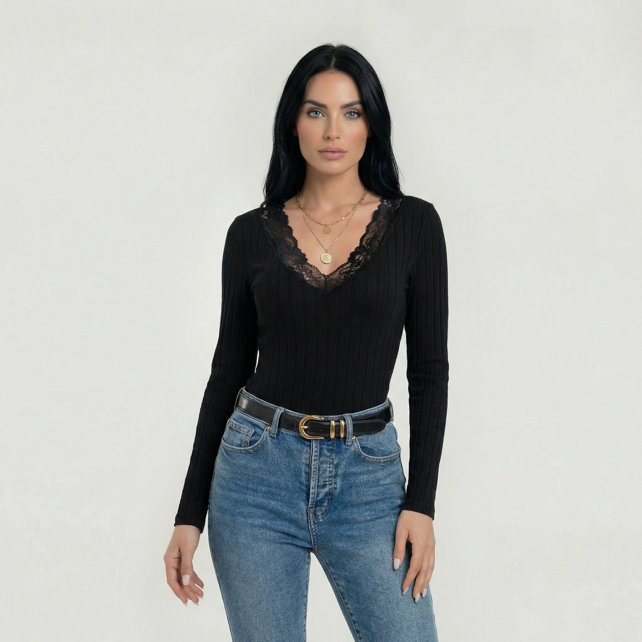 Lace Trim V-Neck Long Sleeve Top